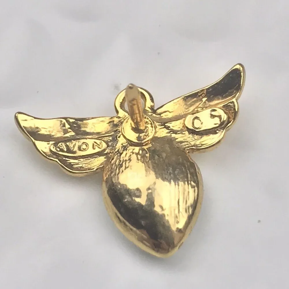 AVON Brooch Pin Small Gold Tone Jeweled Angel Wings Heart Vintage Ethereal